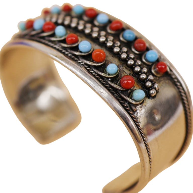 Native American Sterling Turquoise Coral Cuff
