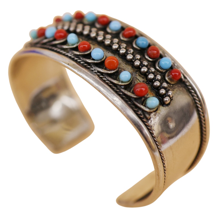 Native American Sterling Turquoise Coral Cuff