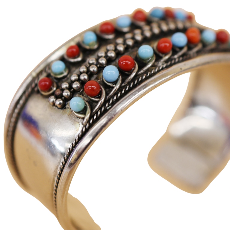 Native American Sterling Turquoise Coral Cuff