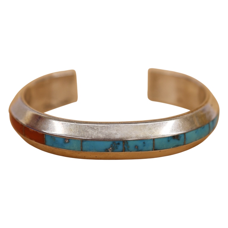 Johnny Coonsis Sterling Turquoise Coral Inlay Cuff