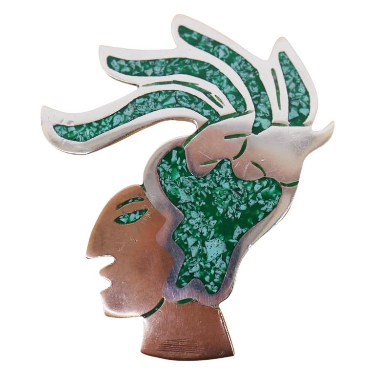 Sterling Inlaid Stone Aztec Mayan Warrior Brooch