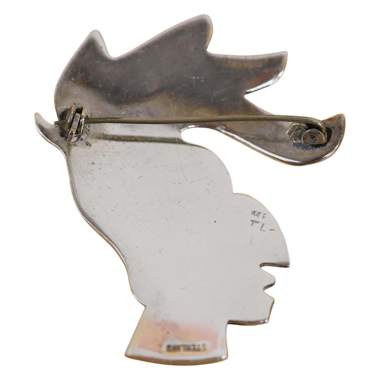Sterling Inlaid Stone Aztec Mayan Warrior Brooch