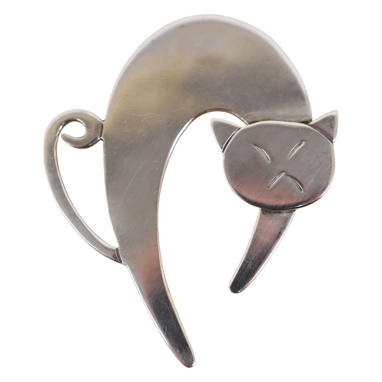 Signed Taxco Mano Sterling Figural Cat Brooch