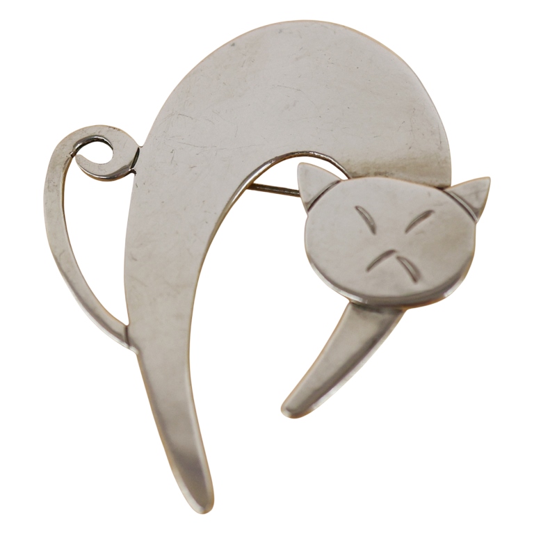 Signed Taxco Mano Sterling Figural Cat Brooch