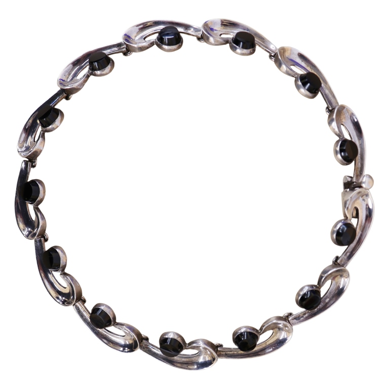 Signed Taxco 970 Silver Obsidian Comma Necklace