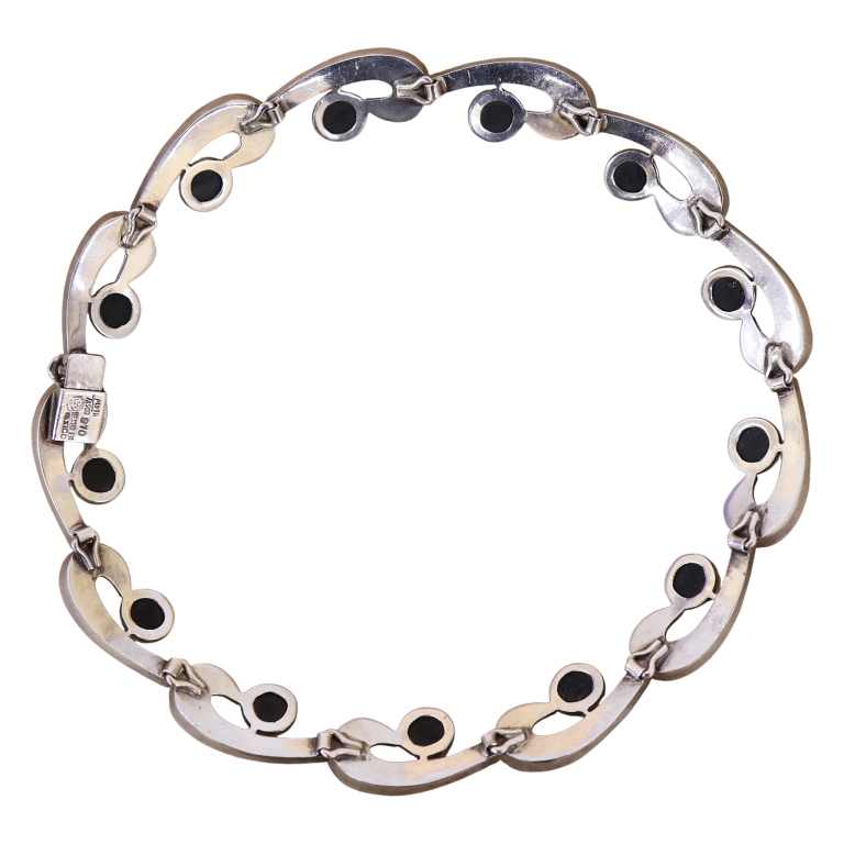 Signed Taxco 970 Silver Obsidian Comma Necklace