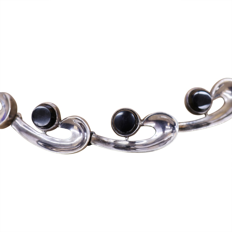 Signed Taxco 970 Silver Obsidian Comma Necklace