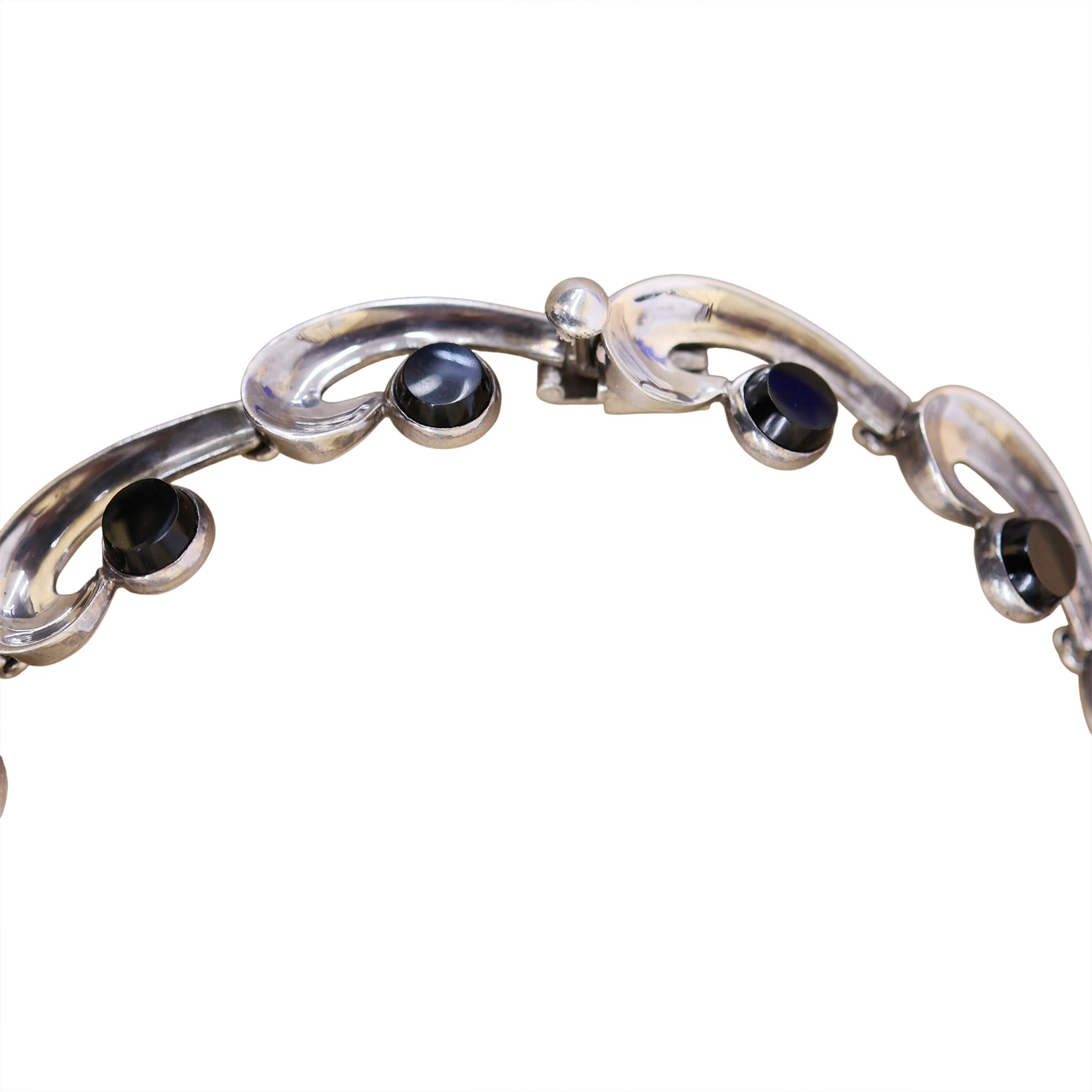 Signed Taxco 970 Silver Obsidian Comma Necklace