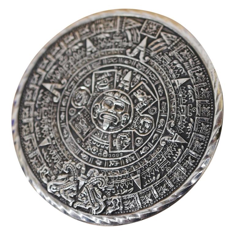 Signed Aztec Sun God Calendar Sterling Brooch