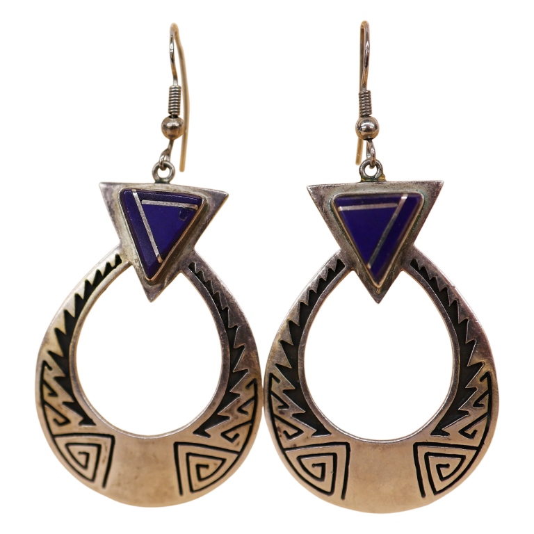Abraham Begay Navajo Sterling Lapis Drop Earrings