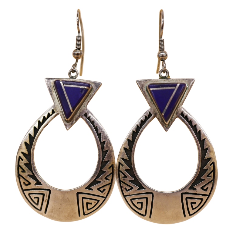 Abraham Begay Navajo Sterling Lapis Drop Earrings