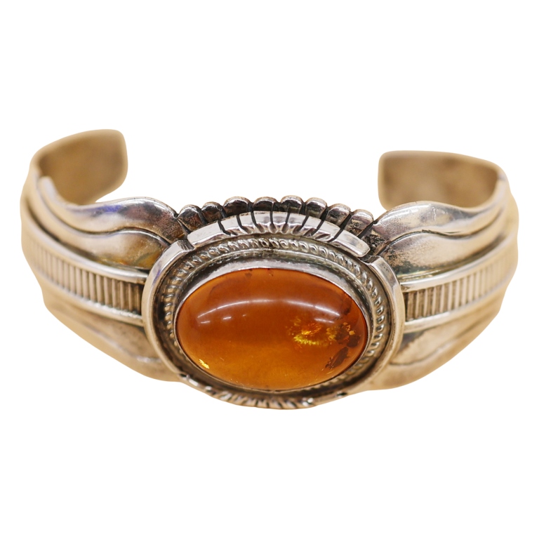 Wes Craig Navajo Sterling Amber Cabochon Cuff