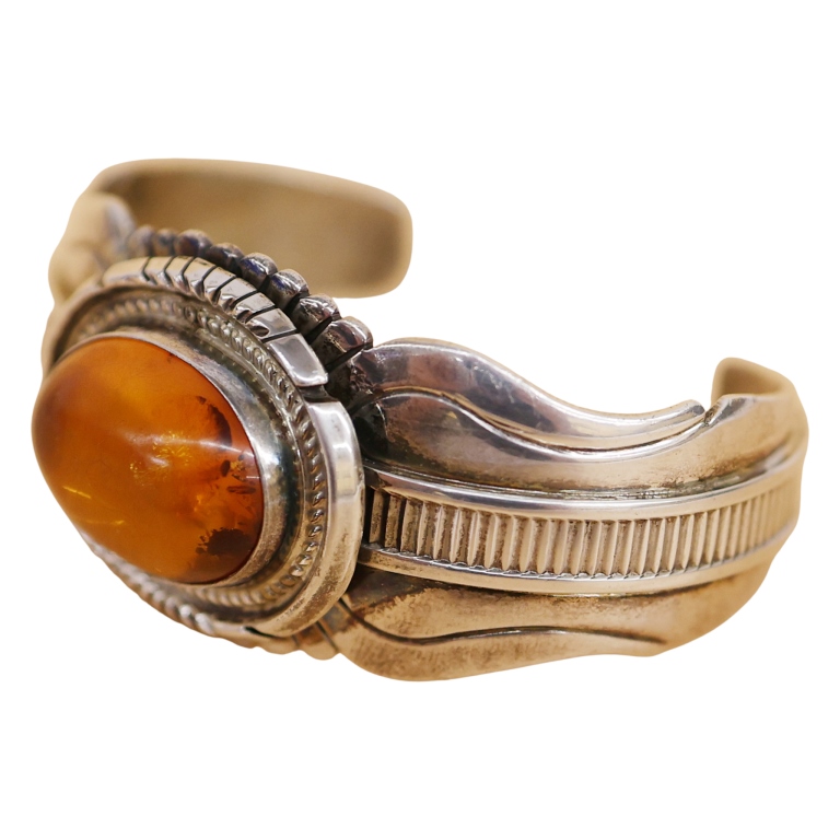 Wes Craig Navajo Sterling Amber Cabochon Cuff