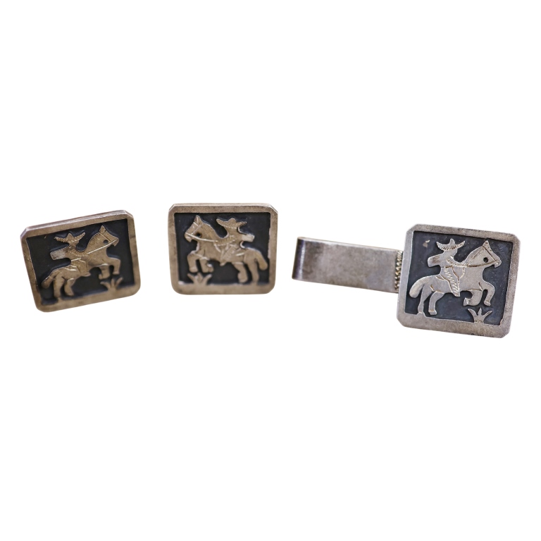 Mexico Sterling Horseman Cufflink Tie Bar Set