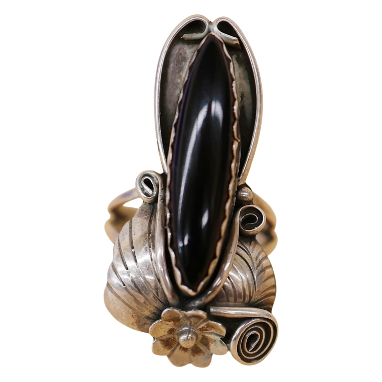 Lawrence Baca Southwestern Sterling Onyx Leaf Ring