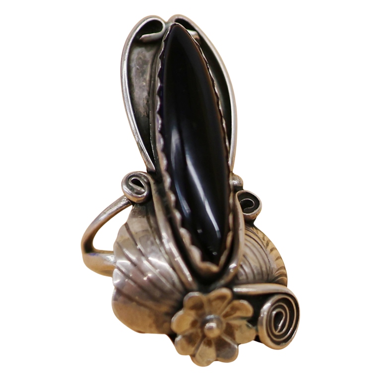 Lawrence Baca Southwestern Sterling Onyx Leaf Ring