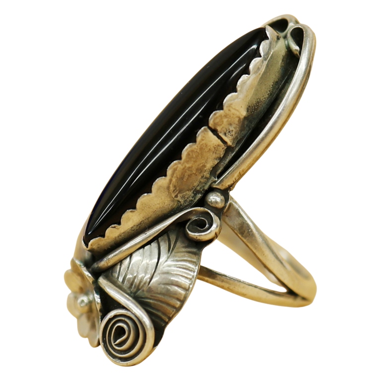 Lawrence Baca Southwestern Sterling Onyx Leaf Ring