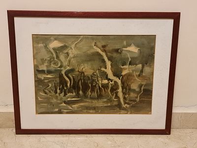 ציור ישראלי מקורי חתום - מ. דבלן , אקוורל על נייר, נתון במסגרת עץ מחופה זכוכית. ציור ישראלי 