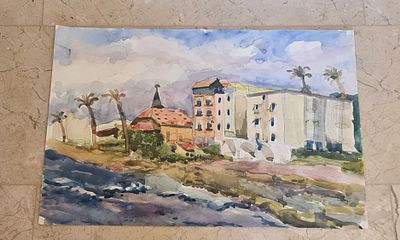 ציור ישראלי מקורי ישן, אקוורל על קרטון. ציור ישראלי מקורי ישן, אקוורל על קרטון. 
נושא - נוף 