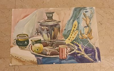 ציור יפהפה דו צדדי מקורי ישן, עבודה של אמן רוסי, אקוורל על קרטון. ציור יפהפה דו צדדי מקורי ישן 