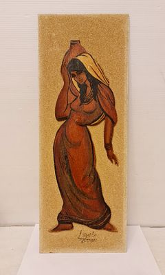 תמונה ישראלית ישנה עשויה עץ, תוצרת דפנה, תווית מס קניה. תמונה ישראלית ישנה עשויה עץ בניסור ידני 