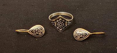 סט תכשיטים טבעת וזוג עגילים רוסיים ניילו כסף 925 חתומים, עבודת קובאצ'י. Kubachi סט תכשיטים טבעת 