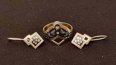 Kubachi סט תכשיטים טבעת וזוג עגילים רוסיים ניילו כסף 925 חתומים, . Kubachi סט תכשיטים טבעת וזוג 