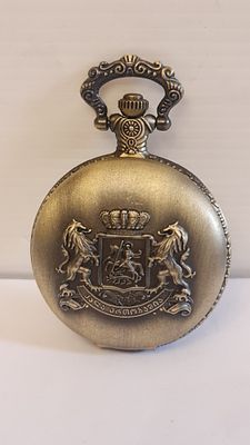 שעון כיס עם תבליט סמל מדינת גאורגיה, מצב עבודה תקין, עם מחוג שניות. שעון כיס עם תבליט סמל 