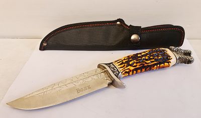 Волк זאב Wolf סכין ציידים פגיון חרב פלדה עם נדן מקורי, מסיבית וכבדה, עבודת יד, עם ראש זאב. Волк 