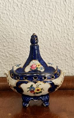 Potpourri Vase כלי קובלט פורצלן צרפתי ישן / קערת פוטפורי, חתום S. Potpourri Vase כלי קובלט 