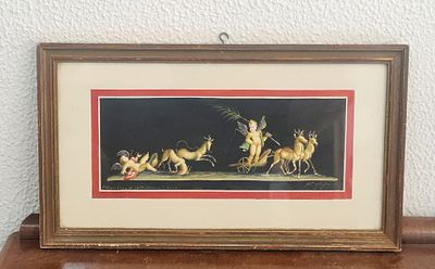 Rago Giovanni ציור איטלקי מקורי חתום, סצנה Pompei כרובים Putti מסיעים מרכבות רתומות לאיילות. Rag 