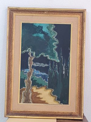 David Azuz Paris 1959 דוד עזוז (נ.1942), ציור מקורי חתום, שמן על בד, עמק הברושים. David Azuz 