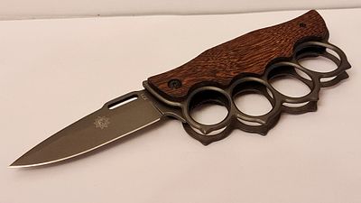 Derespina Knife USA. Derespina Knife USA סכין נשלפת טקטית משולבת אגרופן פלדה, ידיות עץ מלוטשות 