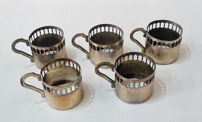 Art Deco סט 5 מחזיקי כוס עתיקים, מצופים כסף, תקופת הארט דקו . Art Deco סט 5 מחזיקי כוס עתיקים 