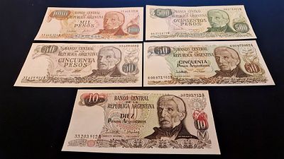 5 Banknots Paper Money Pesos Argentina VF. Argentina Pesos לוט 5 שטרות ארגנטינה מצב VF בערכים 