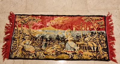 Velvet Tapestry . Velvet Tapestry שטיח קיר קטיפה וינטג' עם פרנזים, סצנת אצילים רוקדים איטלקית 
