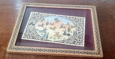Persian Miniature ציור מיניאטורה פרסי עתיק מסורתי, סצנת משחק פולו מלכותי Chovgan. Persian 