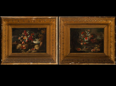 Pair of Italian still lifes, Roman school of the 17th century. Oil paintings on canvas 