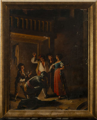 Tavern interior scene, 19th century. Oil on canvas, measurements: 40 x 30 cm, measurements with 