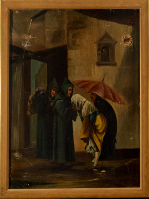 Monks with parishioners leaving the Church, 19th century. Oil on canvas, measurements: 43 x 33 