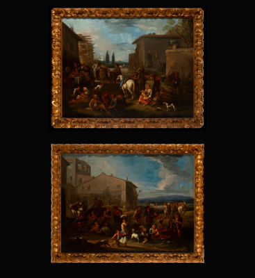 Pair of traditional scenes with characters at the parade, 17th century. Oil on canvas 