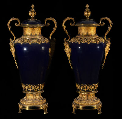 Pair of Large Sevres Vases in "Bleu Celeste" porcelain from the 19th century. Measurements each 