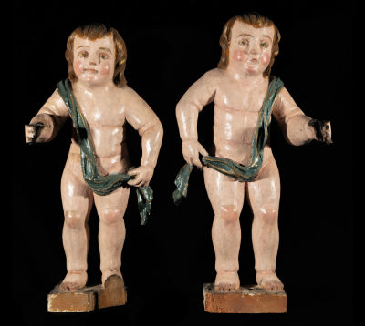 Pair of Portuguese Torcheres lamps with Angels Lamplighter Children from the 18th century. Measur 