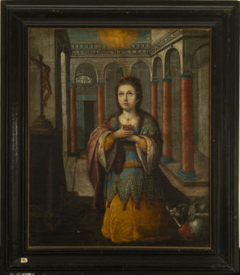 Portrait of a Catholic Sainte, 18th century colonial school. Oil on canvas, measurements: 63 x 