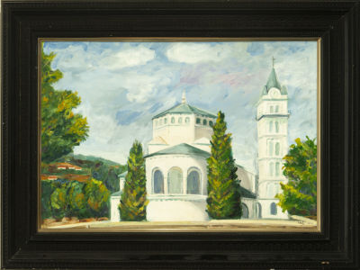 European school, view of Romanesque Church, signed, 20th century. Measurements: 55 x 40 cm 