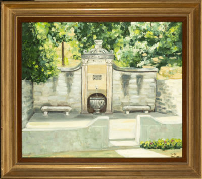 Character next to a fountain, signed. Measurements: 50 x 40 cm, measurements with frame: 56 x 50 cm