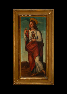 Saint John on Renaissance panel from the 16th century. Oil on panel. Measurements: 60 x 30 cm