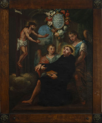 Colonial Saint Pilgrim from the 18th century on canvas. Measurements: 60 x 50 cm, measurements 