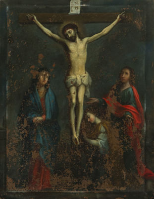 Christ on the Cross, Mexican school, 18th century colonial work. Oil on copper. Measurements: 30 