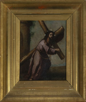Jesus with the Cross on His Back, colonial work from the 18th century. Measurements: 16 x 14 cm 